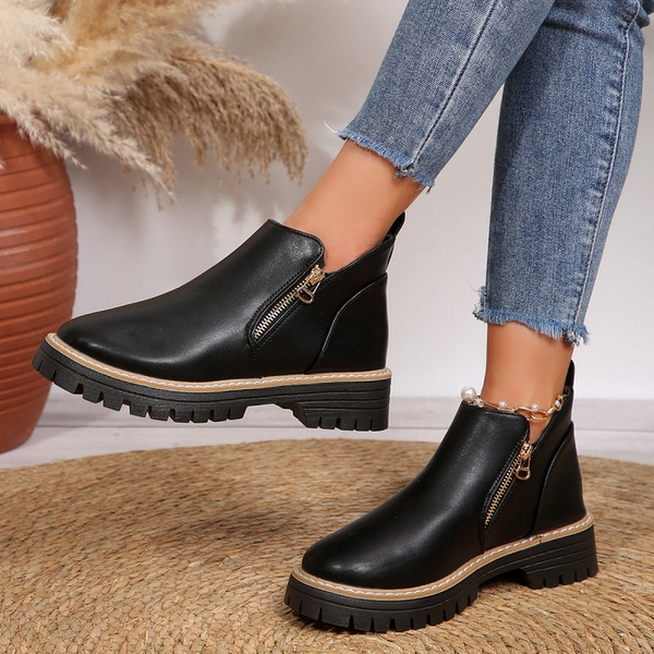 Chunky Sole Gold Zip Ankle Boots for Women