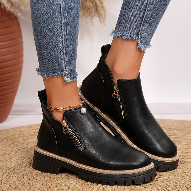 Chunky Sole Gold Zip Ankle Boots for Women
