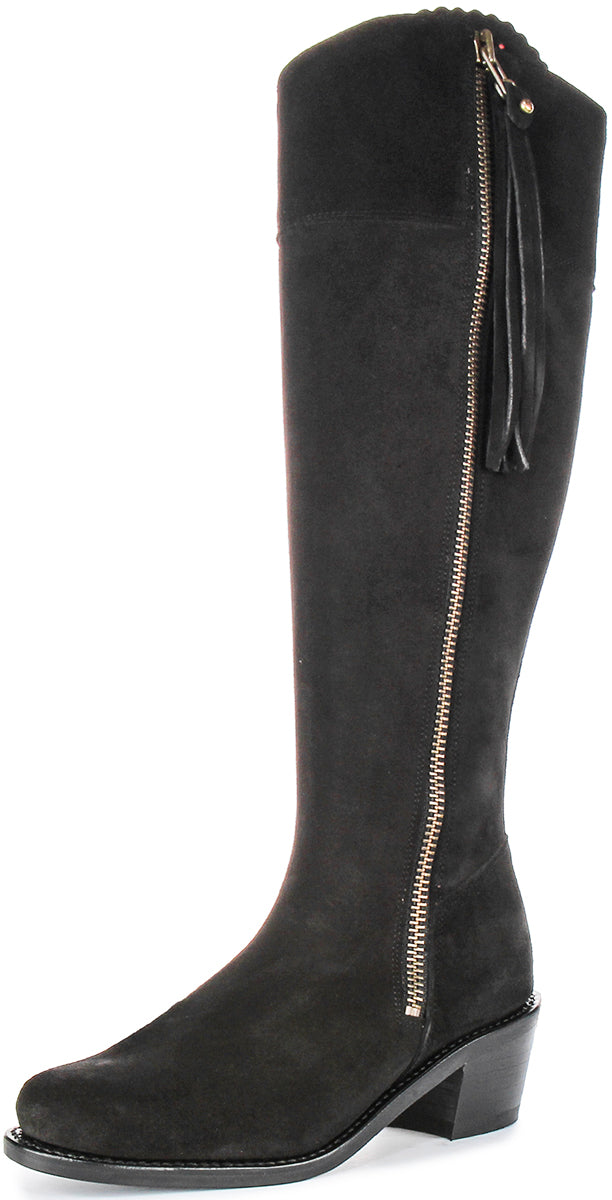 Women's Black Suede Riding Boots, Narrow Calf Knee High