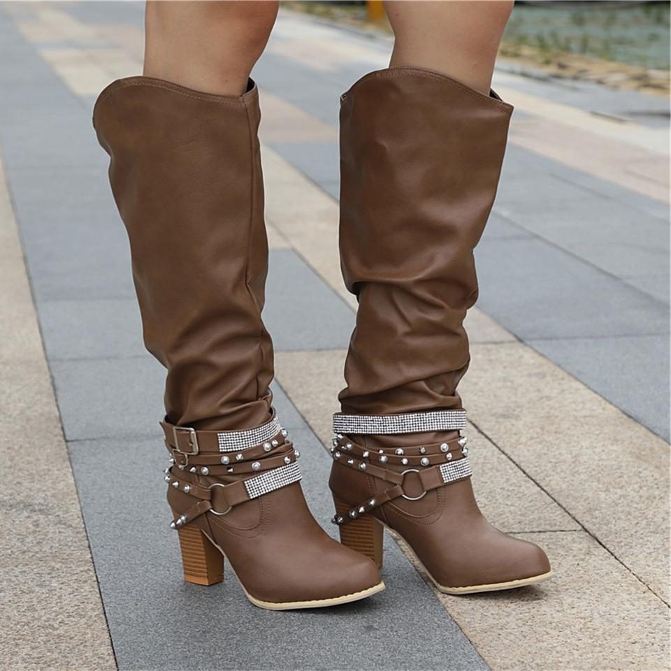 Women's Slouch Mid-Calf Boots, Studded Strap Block Heel