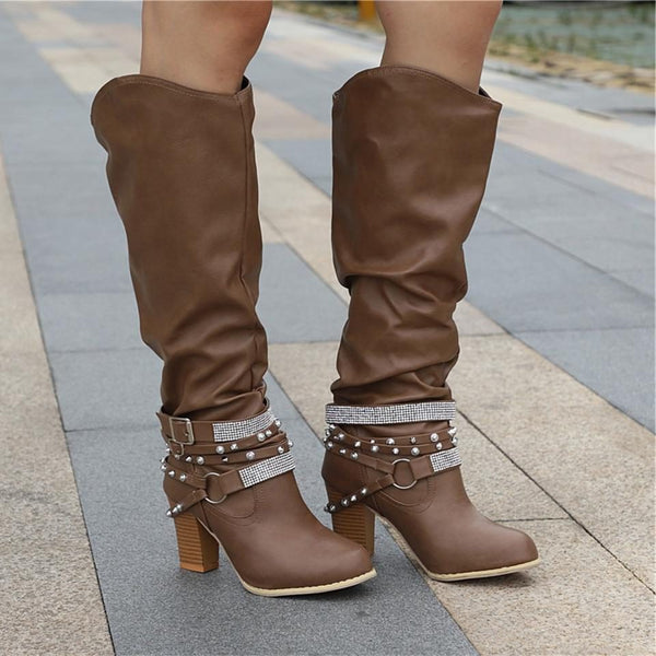 Studded Strap Slouchy Knee-High Boots for Women