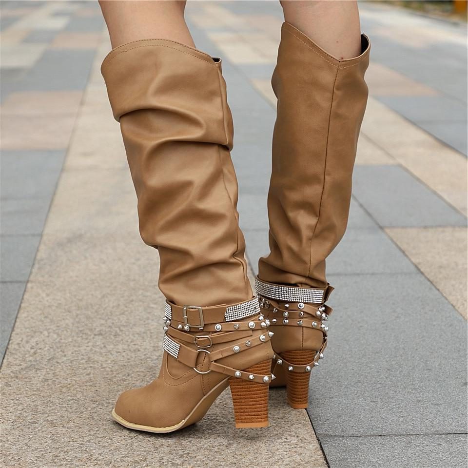Women's Slouch Mid-Calf Boots, Studded Strap Block Heel