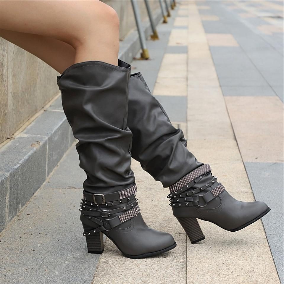 Women's Slouch Mid-Calf Boots, Studded Strap Block Heel