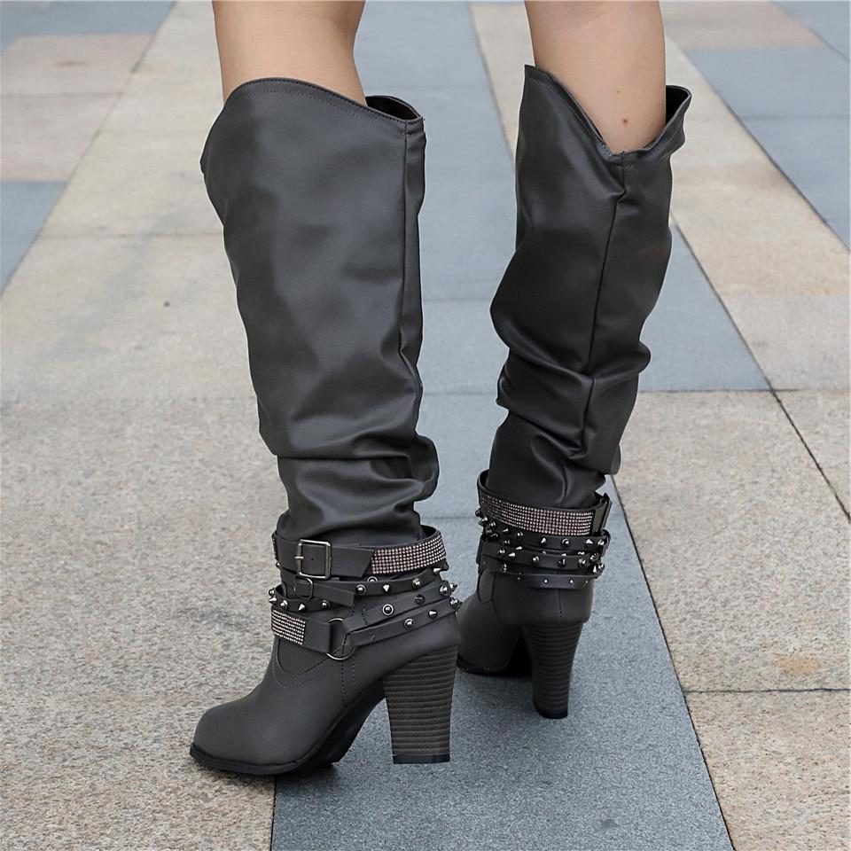 Women's Slouch Mid-Calf Boots, Studded Strap Block Heel