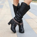 Women's Slouch Mid-Calf Boots, Studded Strap Block Heel 9