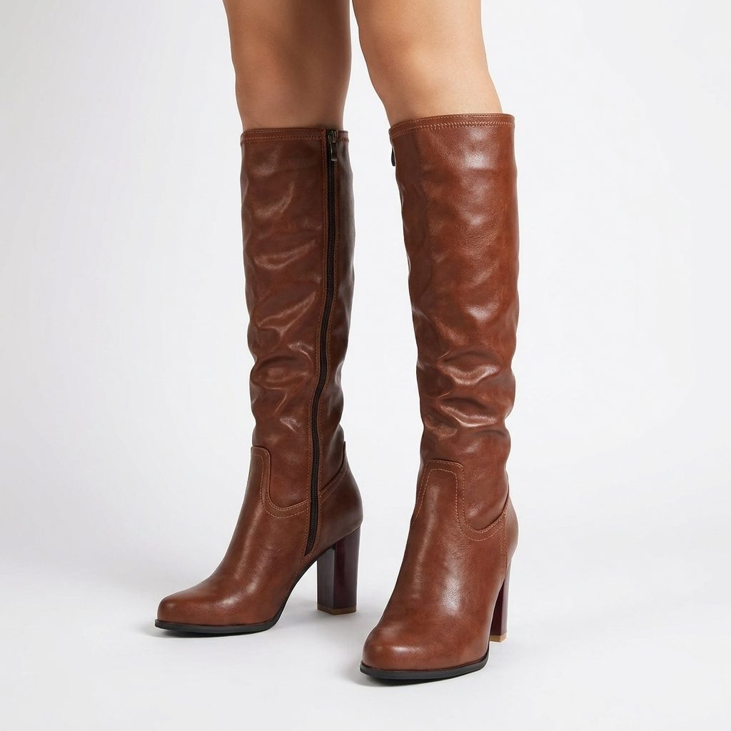 Brown Chunky Heel Knee-High Boots for Women