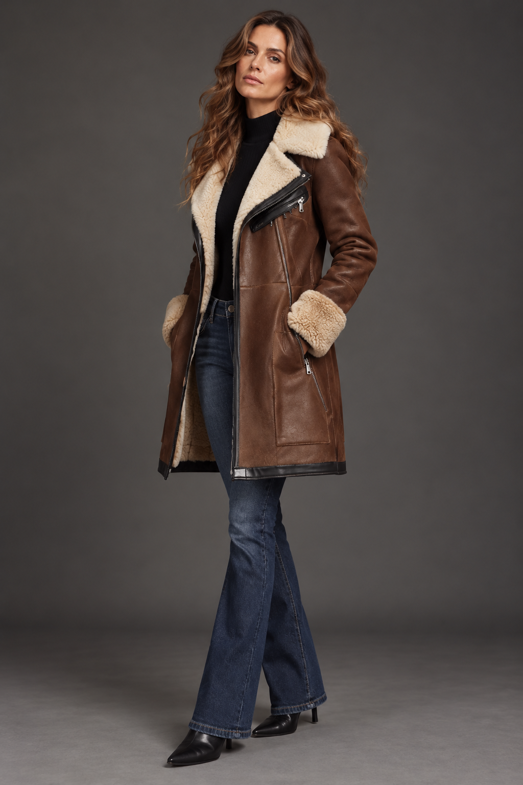 Women's Faux Leather Jacket, Aviator Style with Shearling Lining