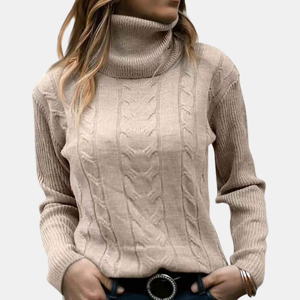Women's Roll Neck Jumper, Fitted Cable Knit Front