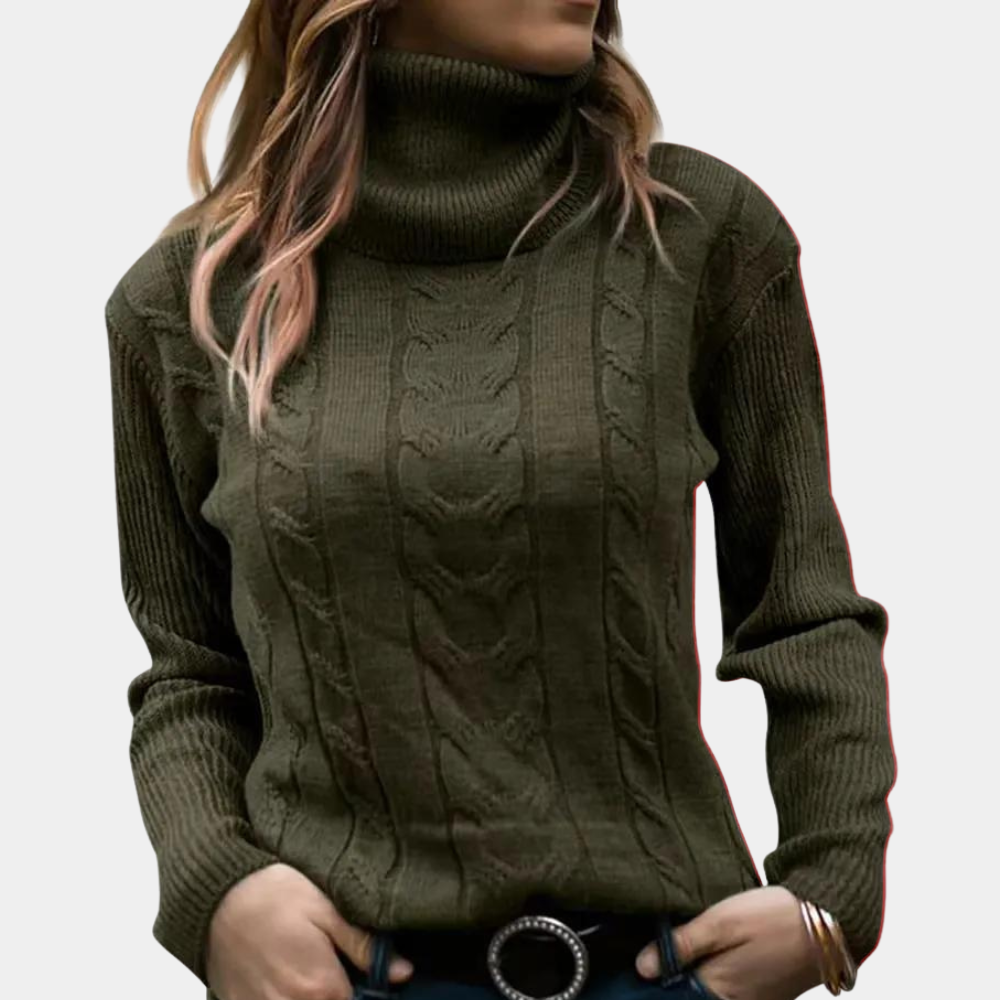 Women's Roll Neck Jumper, Fitted Cable Knit Front