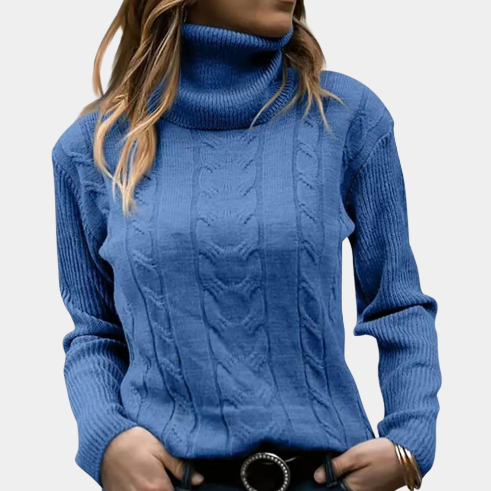 Women's Roll Neck Jumper, Fitted Cable Knit Front