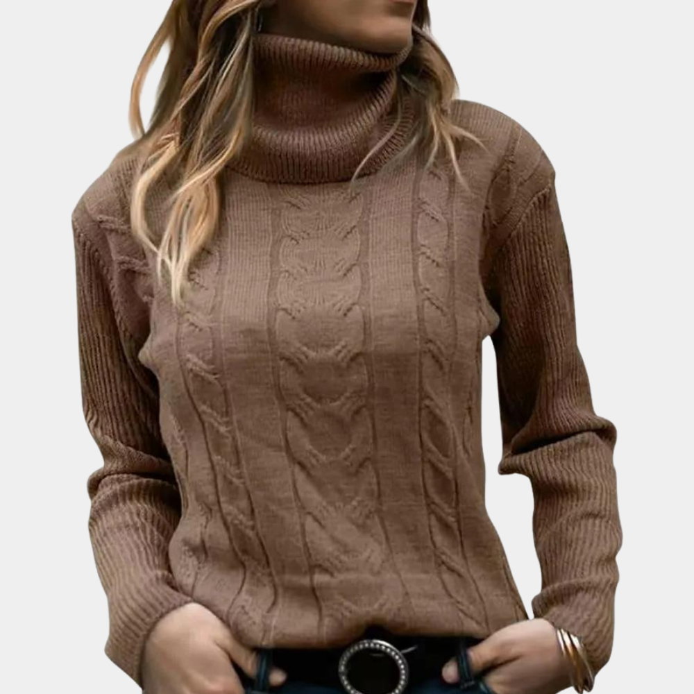 Women's Roll Neck Jumper, Fitted Cable Knit Front