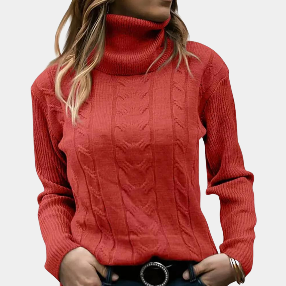 Women's Roll Neck Jumper, Fitted Cable Knit Front