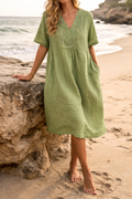Women's Linen Midi Dress V-Neck Short Sleeve Side Pockets 4
