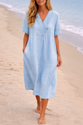 Women's Linen Midi Dress V-Neck Short Sleeve Side Pockets 3