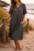 Women's Linen Midi Dress V-Neck Short Sleeve Side Pockets 5