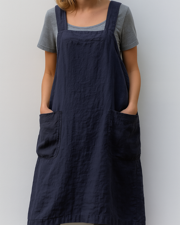 Women's Cotton Linen Apron Dress with Pockets