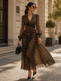 Wrap Midi Dress Leopard Print Long Sleeve Fitted 4