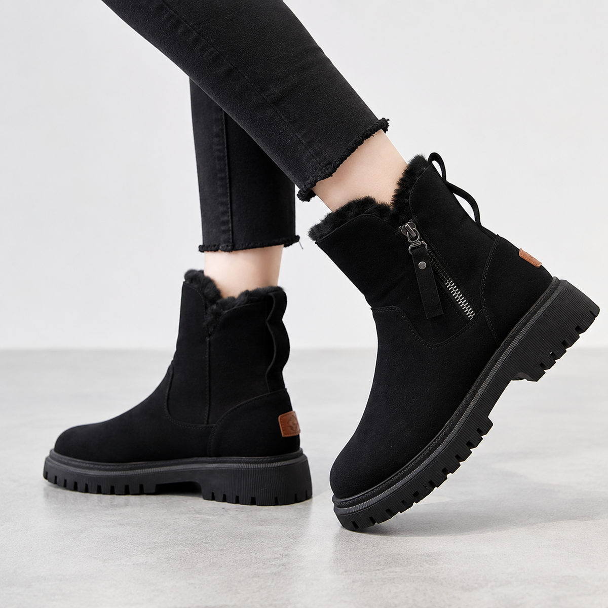 Women's Faux Fur Ankle Boots, Chunky Sole Side Zip