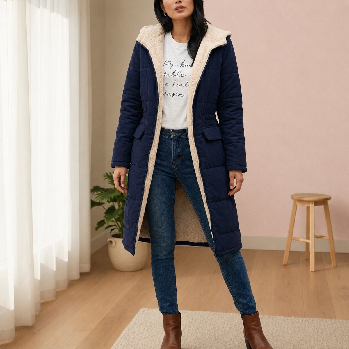 Women's Long Puffer Coat, Sherpa Lined Hooded