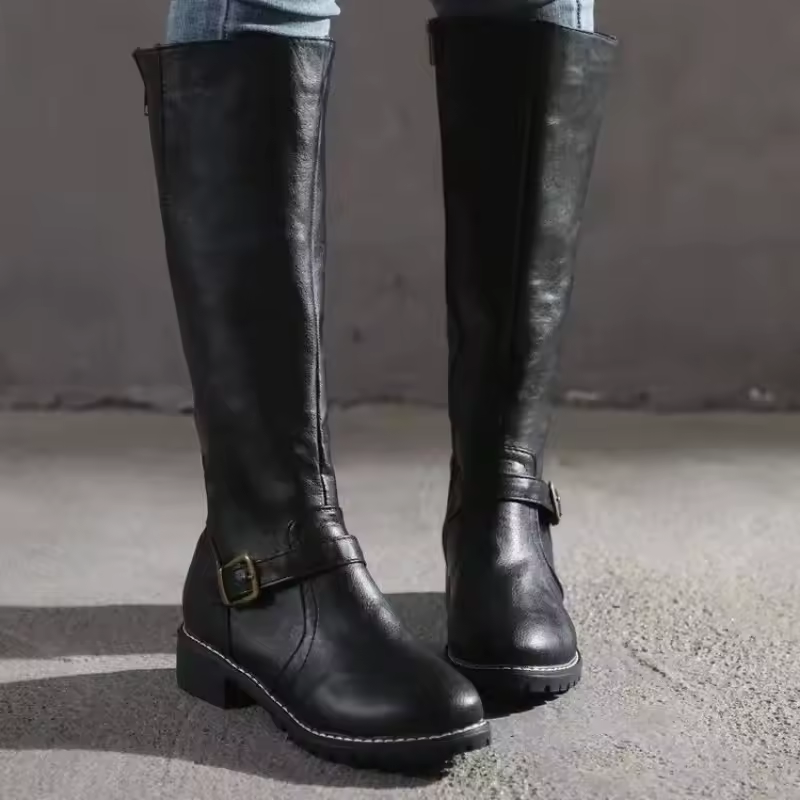 Women's Black Knee High Riding Boots, Lug Sole Buckle Strap