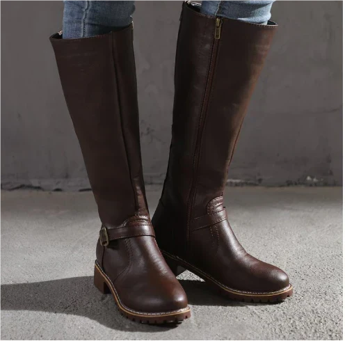 Women's Black Knee High Riding Boots, Lug Sole Buckle Strap