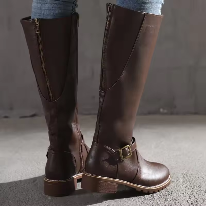 Women's Black Knee High Riding Boots, Lug Sole Buckle Strap
