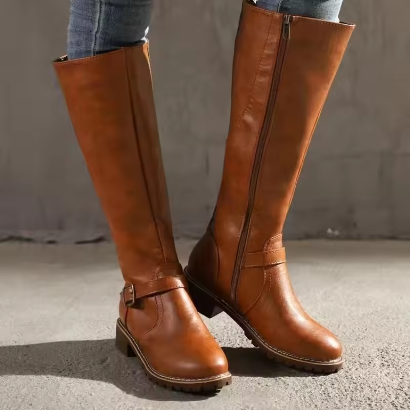 Women's Black Knee High Riding Boots, Lug Sole Buckle Strap