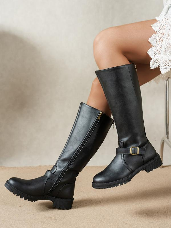 Gold Buckle Lug Sole Knee-High Boots for Women
