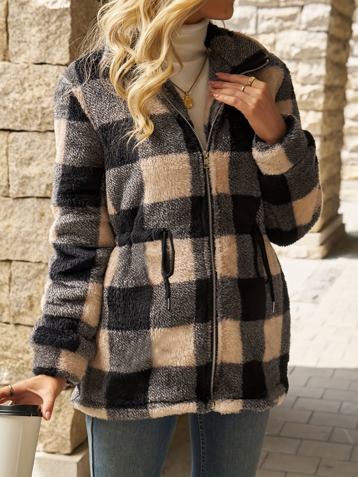 Women's Check Fleece Jacket, Drawstring Waist Zip-Up
