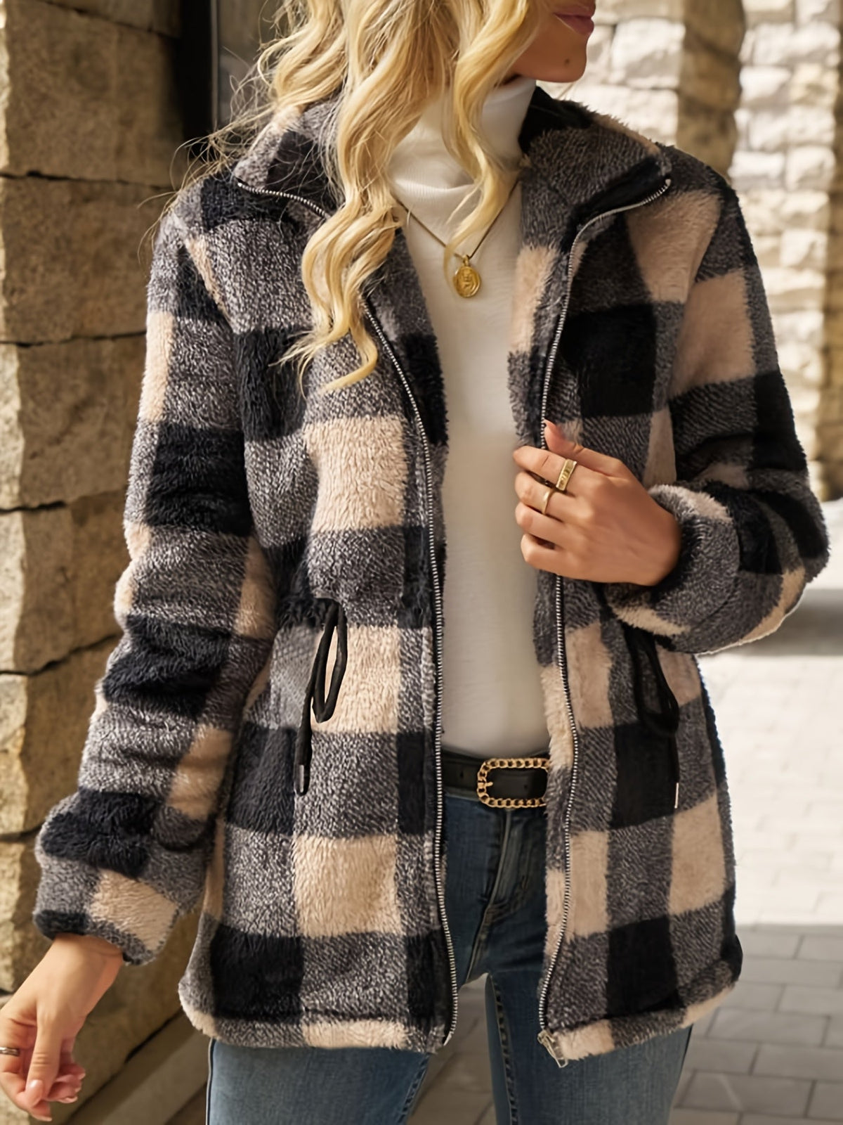 Eloise | Check Fleece Jacket with Stand Collar for Women