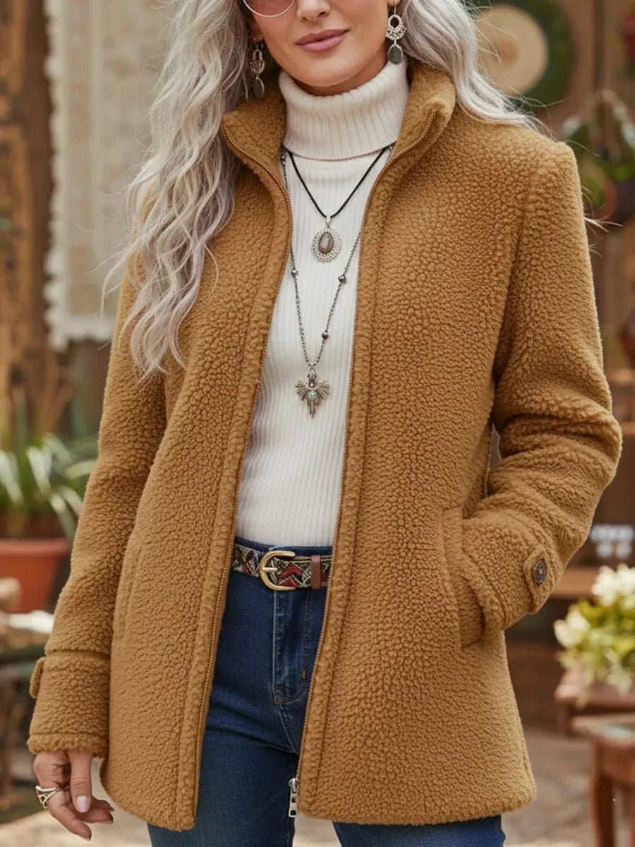 Women's Fleece Jacket, Zip-Up Teddy with High Collar
