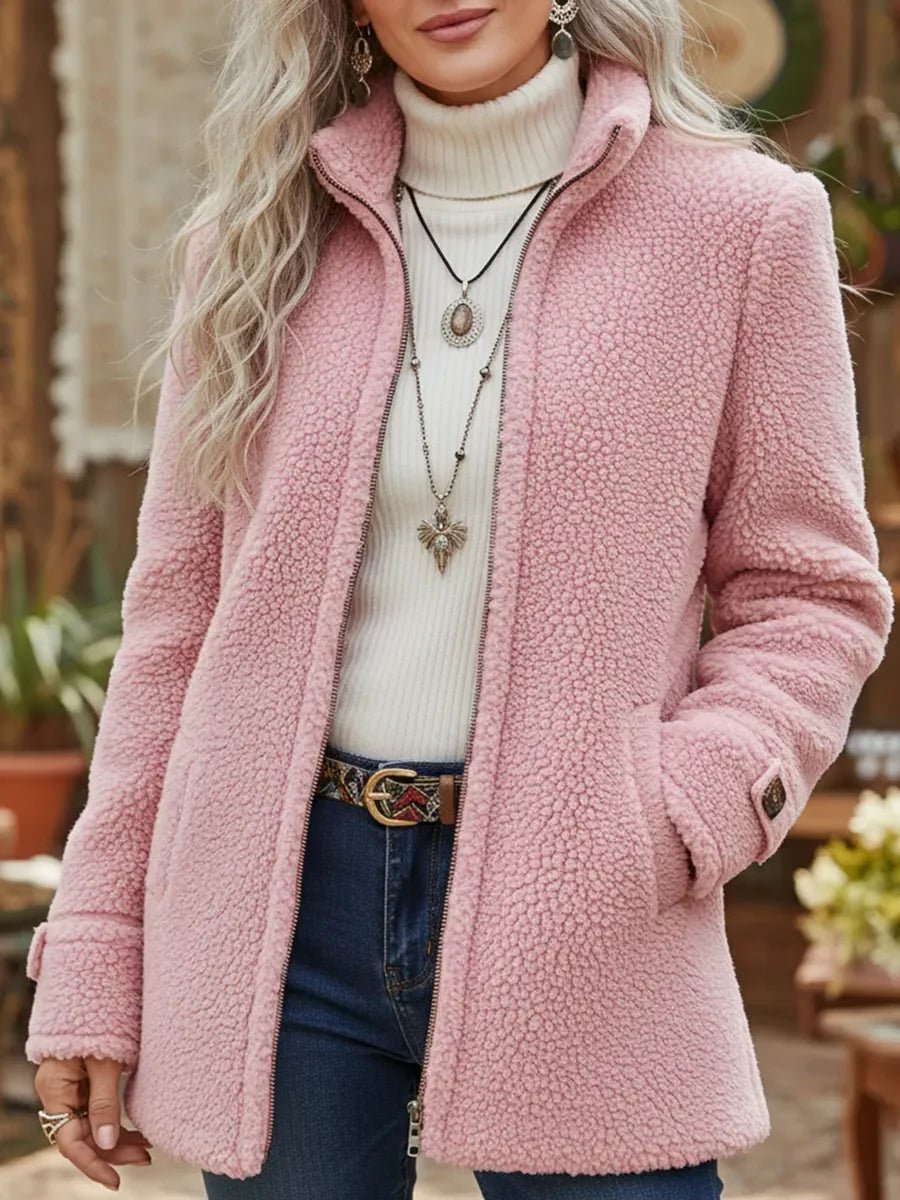 Women's Fleece Jacket, Zip-Up Teddy with High Collar