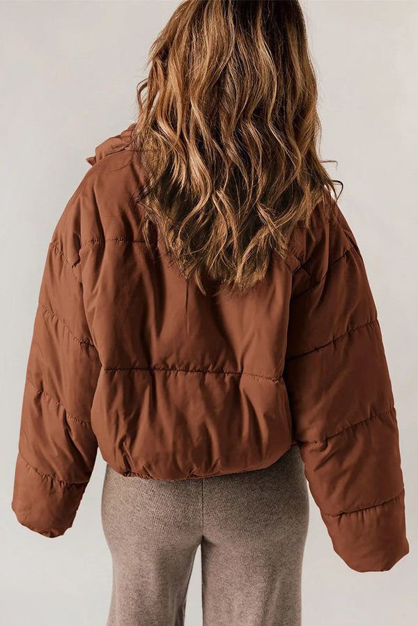 Cropped Puffer Jacket with Stand Collar and Drawcord Hem for Women