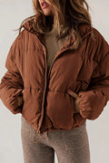Cropped Puffer Jacket with Stand Collar and Drawcord Hem for Women 1