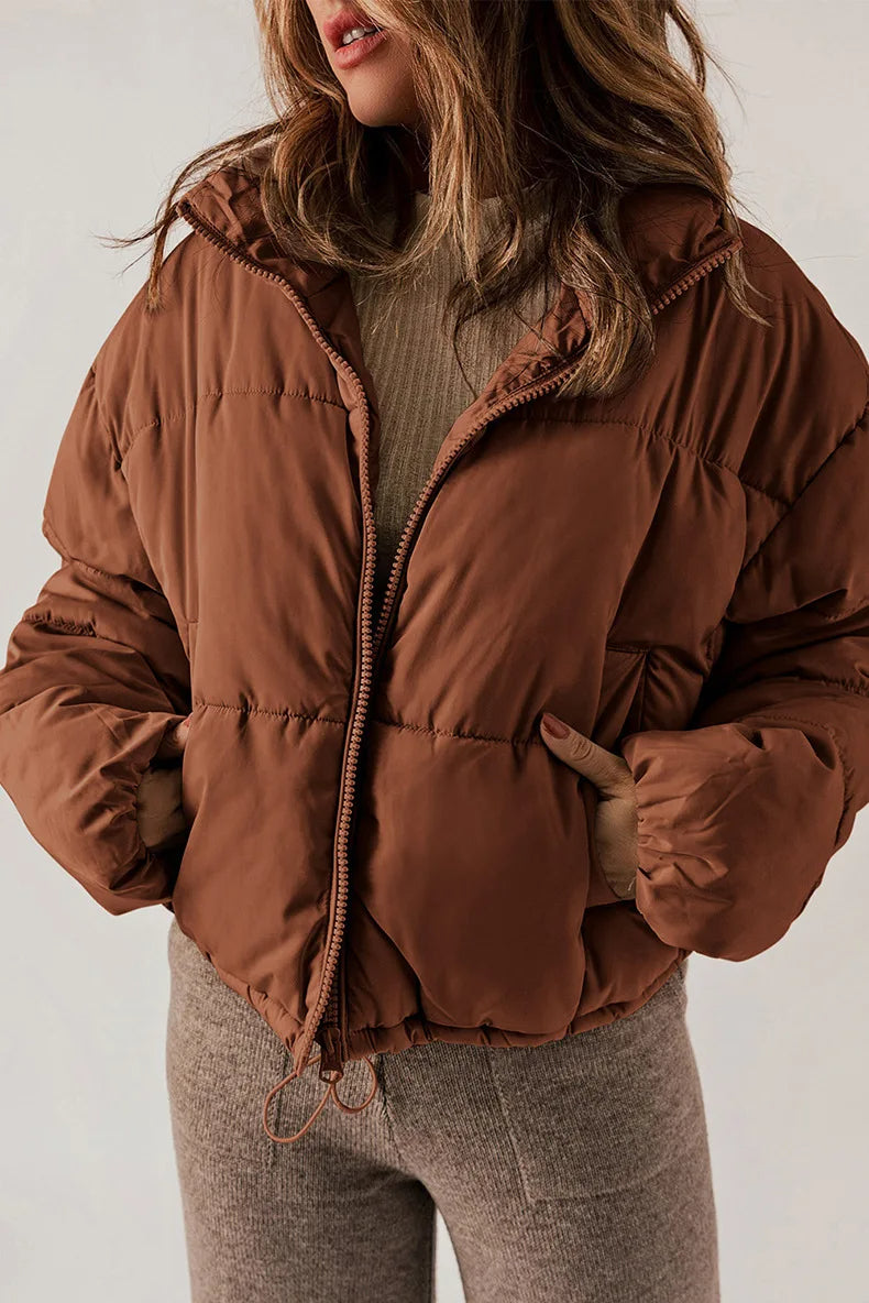 Cropped Puffer Jacket with Stand Collar and Drawcord Hem for Women