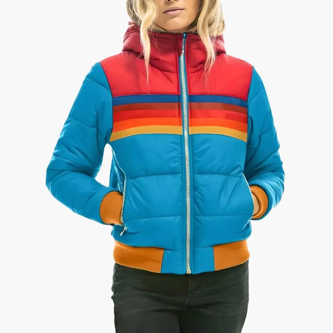 Colorblock Quilted Puffer Jacket for Women, Hooded