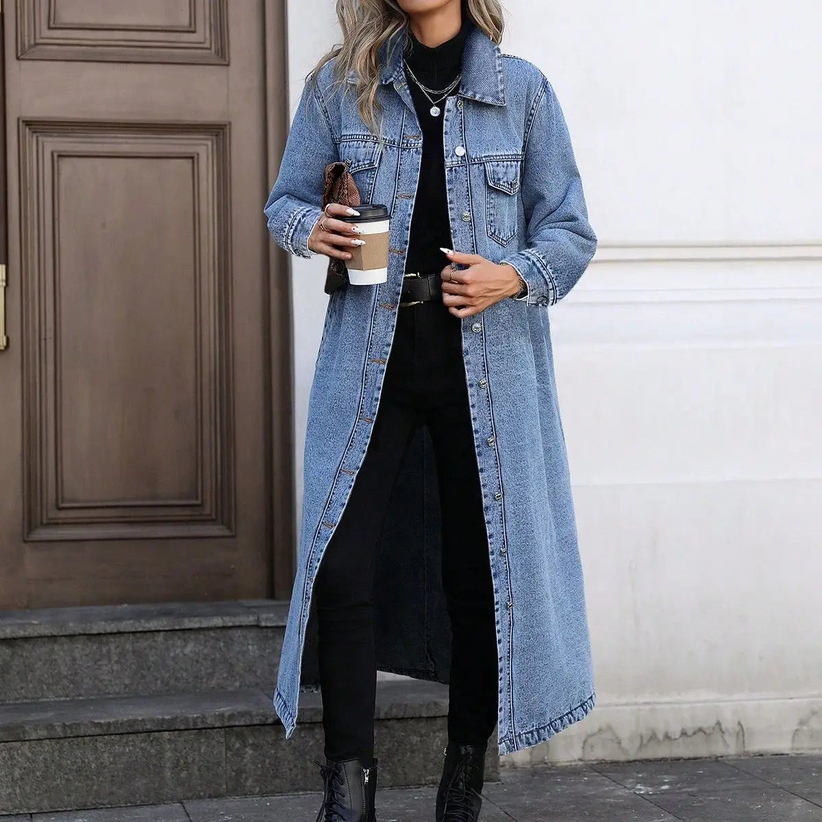 Longline Denim Jacket for Women, Button Front