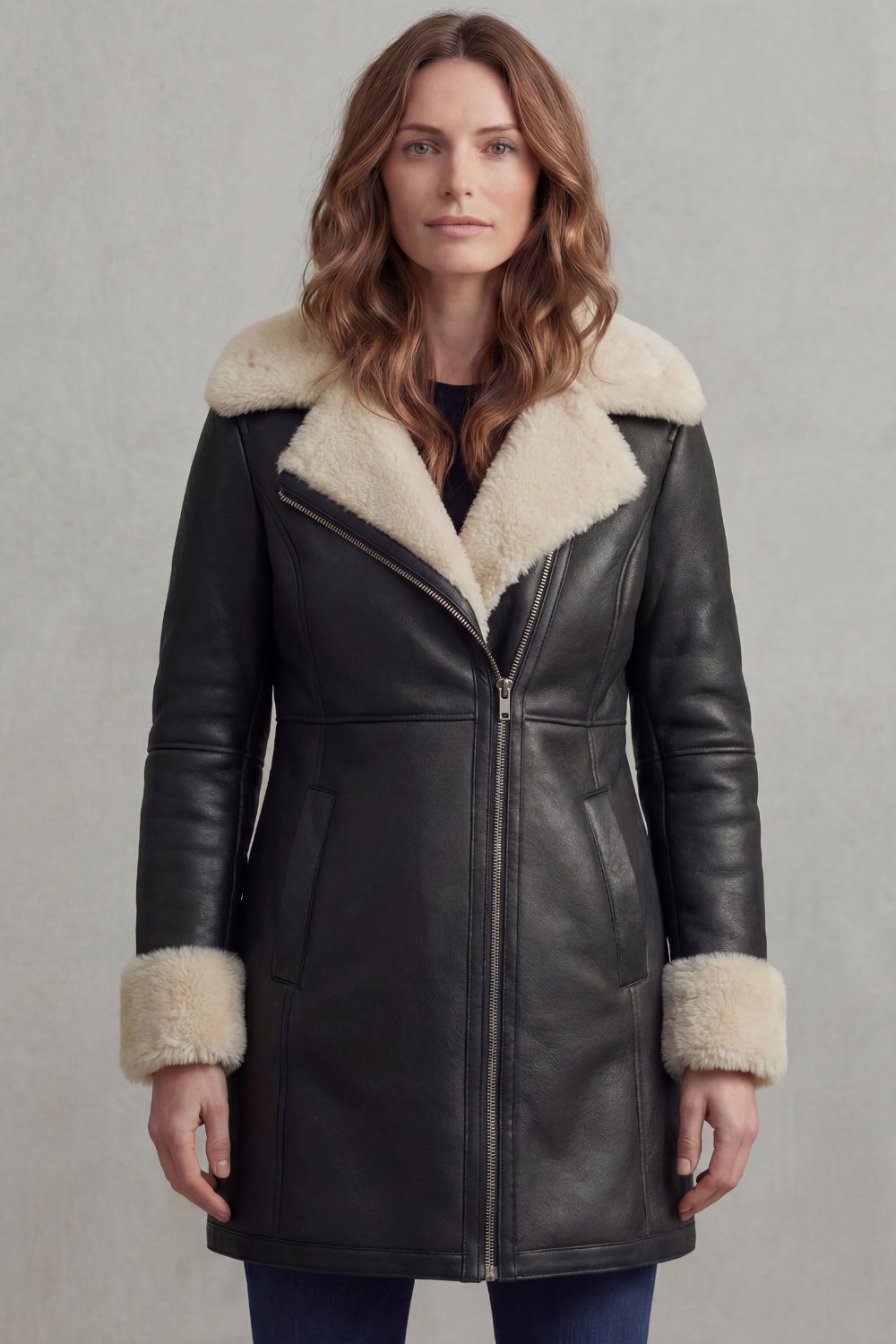 Women's Faux Leather Coat, Shearling Collar Aviator Style