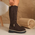Women's Flat Knee High Boots, Faux Suede Lug Sole Buckle 7