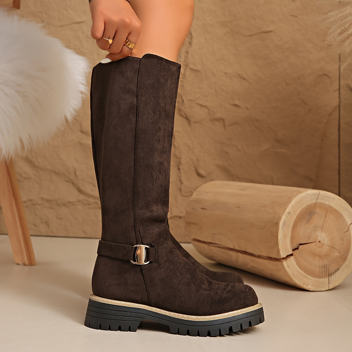 Women's Flat Knee High Boots, Faux Suede Lug Sole Buckle