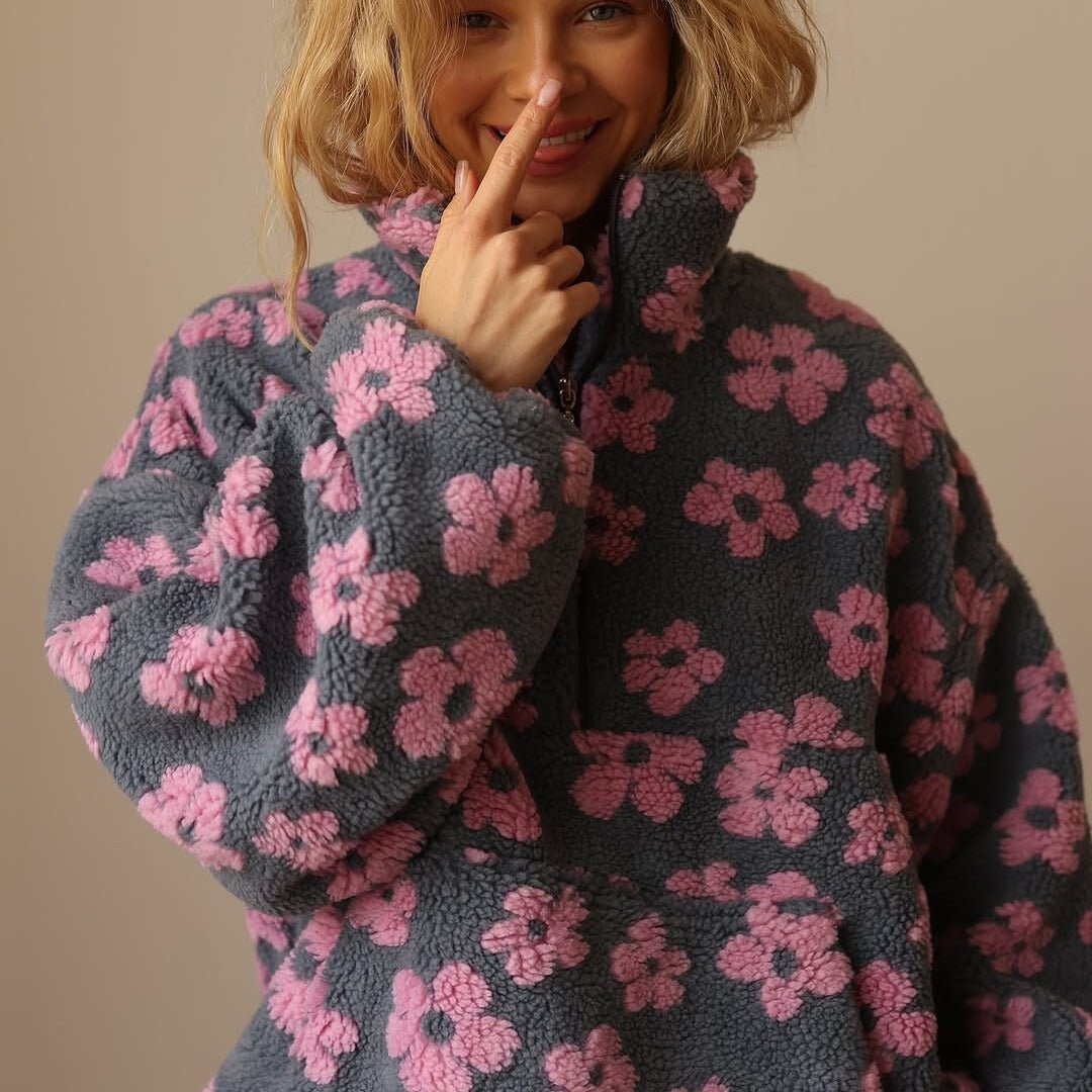 Women's Teddy Fleece Jacket, Floral Half-Zip Pullover