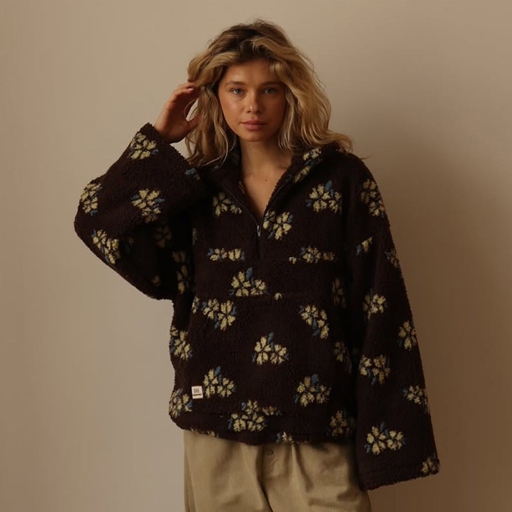 Women's Teddy Fleece Jacket, Floral Half-Zip Pullover