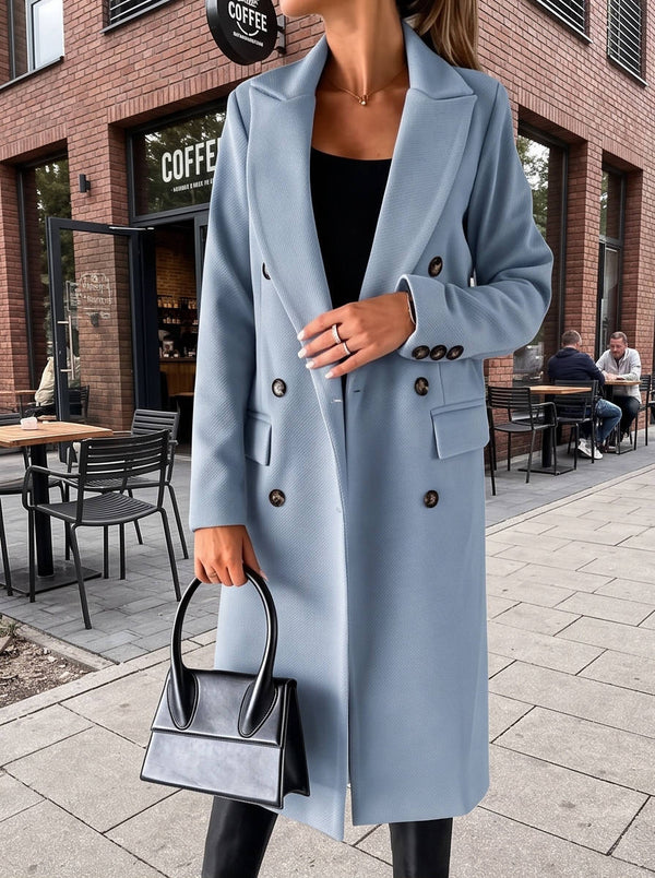 Long Double-Breasted Wool Trench Coat for Women
