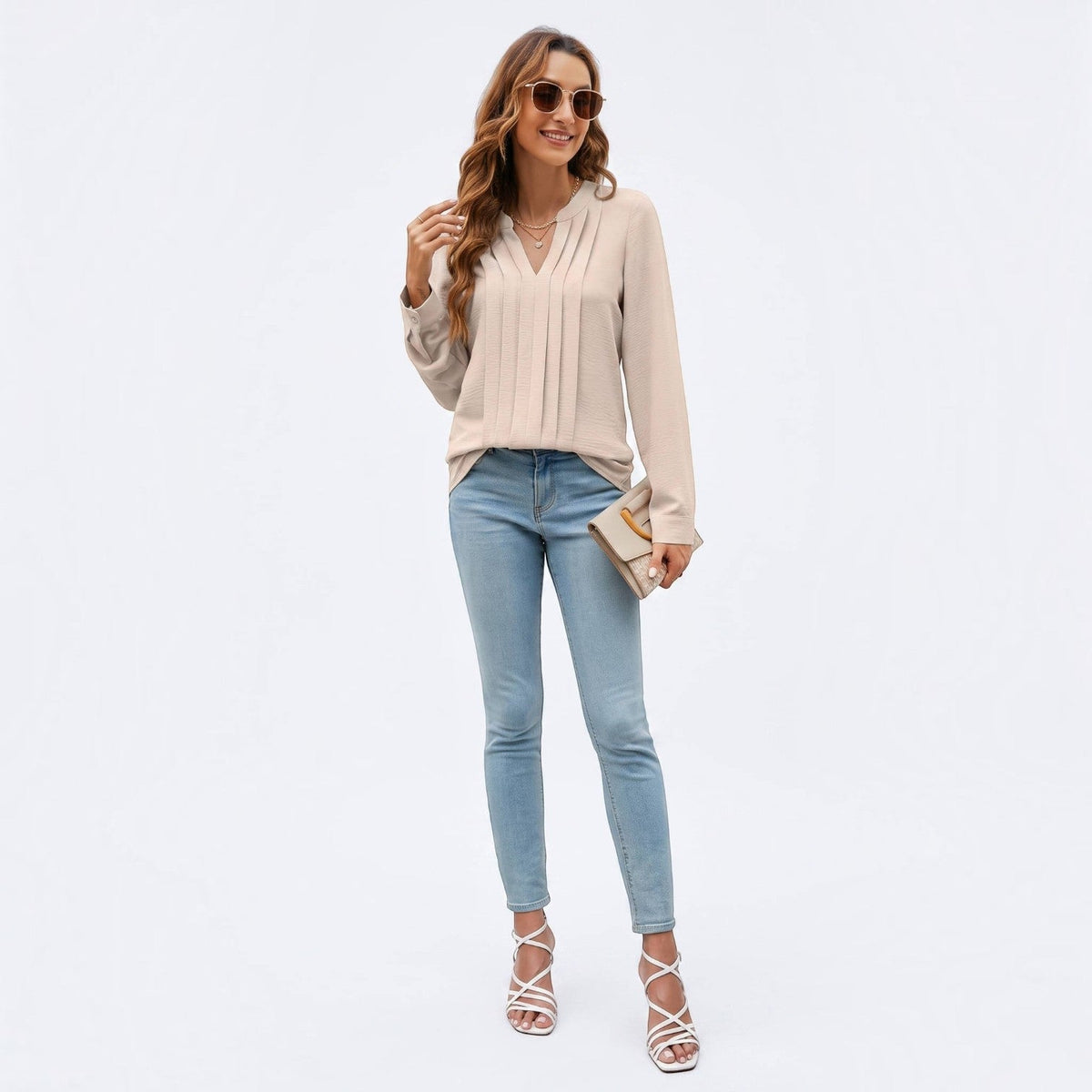 Women's Pleated Blouse, Long Sleeve V-Neck Work Top