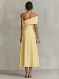Women's Yellow Linen Dress One-Shoulder Fitted Waist Elegant 6