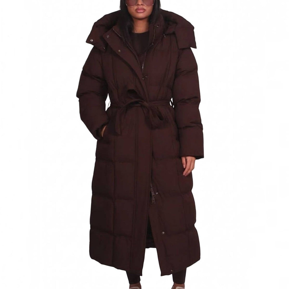 Women's Long Puffer Coat, Hooded Maxi with Tie Belt