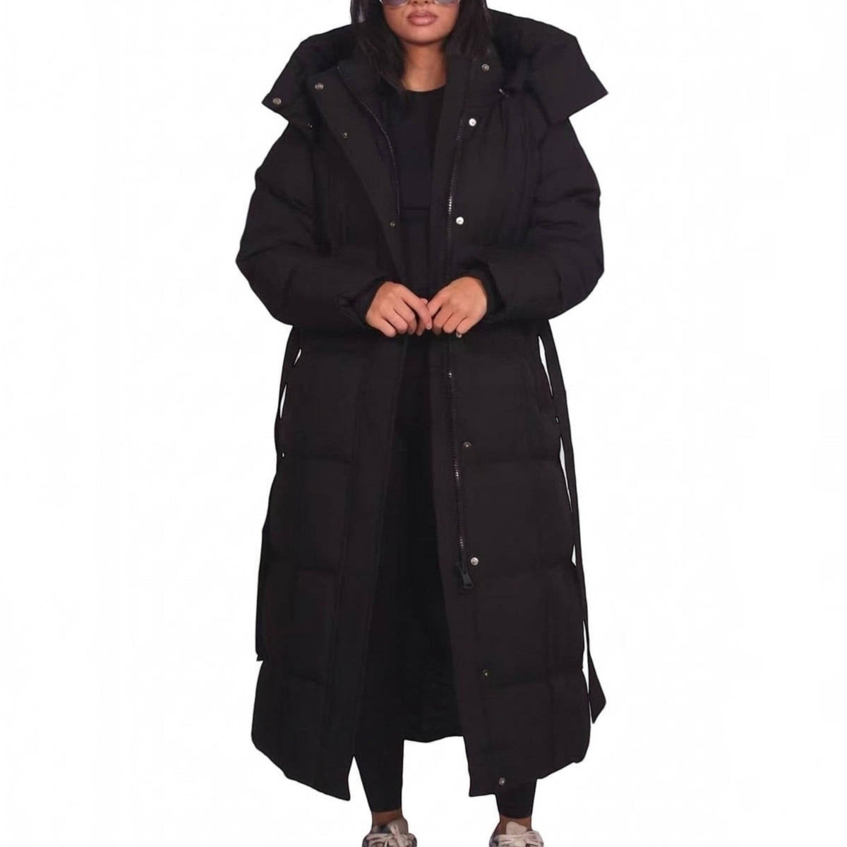 Women's Long Puffer Coat, Hooded Maxi with Tie Belt