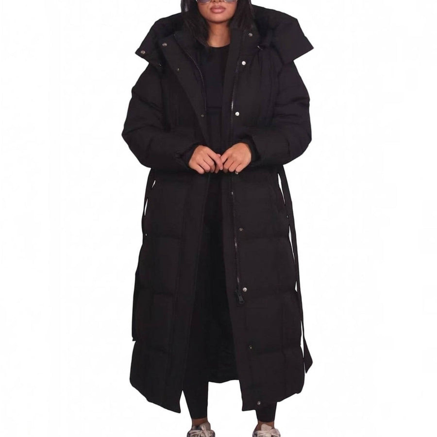 Luciana | Hooded Maxi Puffer Coat with Tie Belt for Women