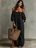 Women's Cotton Linen Off-Shoulder Maxi Dress Long Sleeve Vacation 4