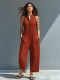 Linen Blend Sleeveless Jumpsuit with Button-Up Stand Collar 6